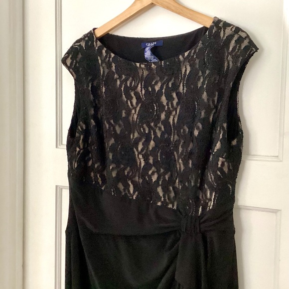 CHAPS Black party cocktail dress XL stretch sheath lace overlay Nude side Ruffle - Picture 3 of 12